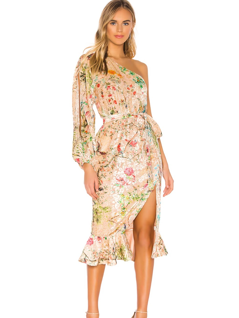 HEMANT & NANDITA One-Shoulder Floral Midi Dress in Mint Floral Size S